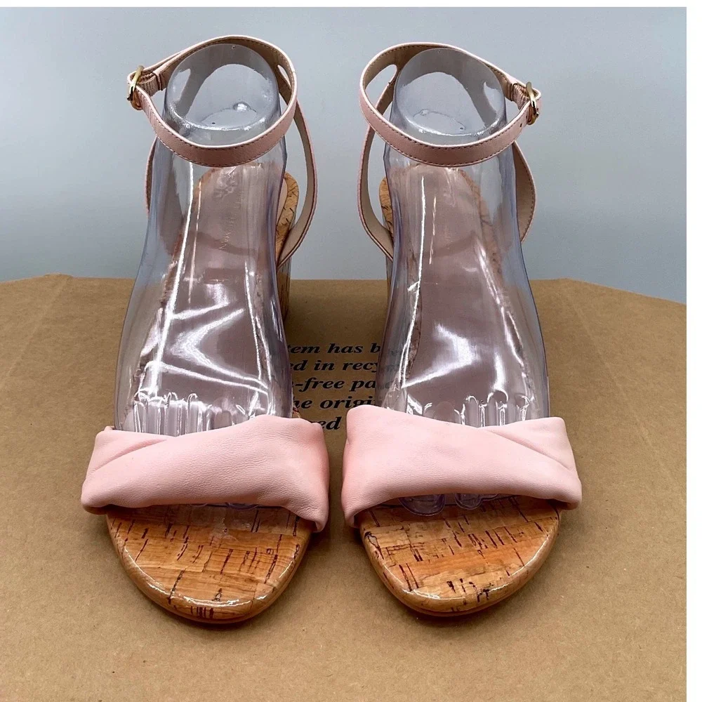 Stuart Weitzman Blush Pink Leather Cork Wedge Sandals Ankle Strap Womens 9.5 B - Picture 2 of 13